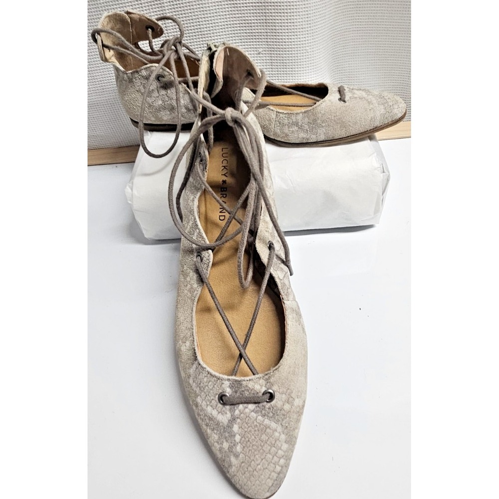 LUCKY Brand Billoh snakeโ print Flat ballet lace-up suede leather 8M/38